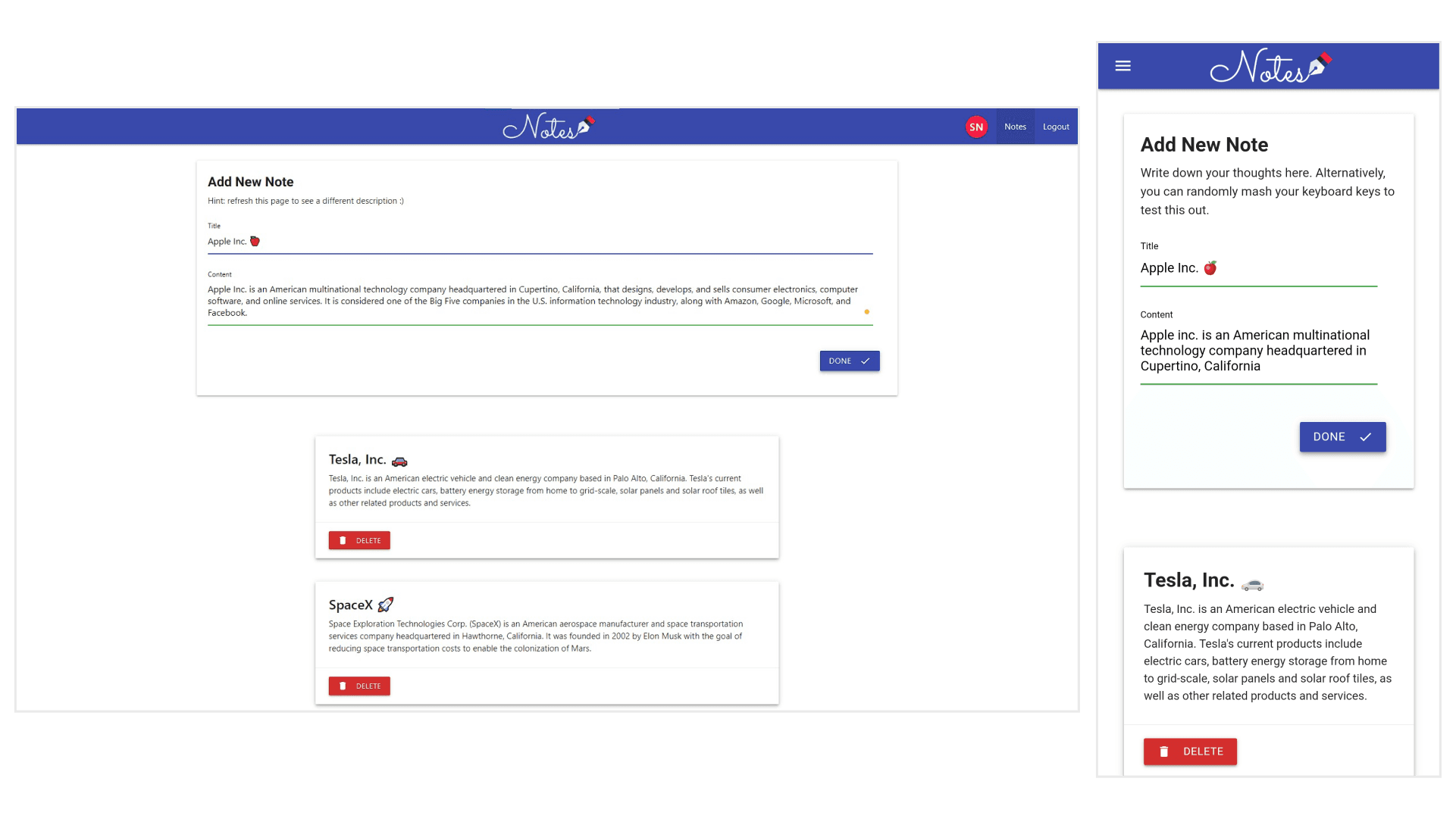 User Notes Page